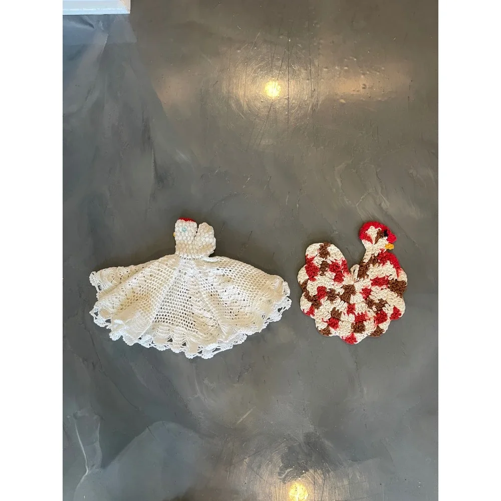 VTG Handmade Crochet Chicken Doily Toaster Cover Rooster Potholder Set Farmhouse